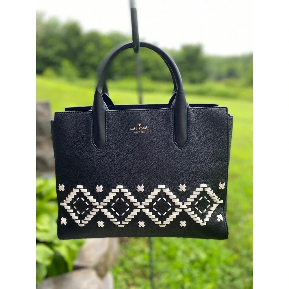 Kate Spade Flynn Street Bag Black Designer Satchel Structured Woven Aztec Detail